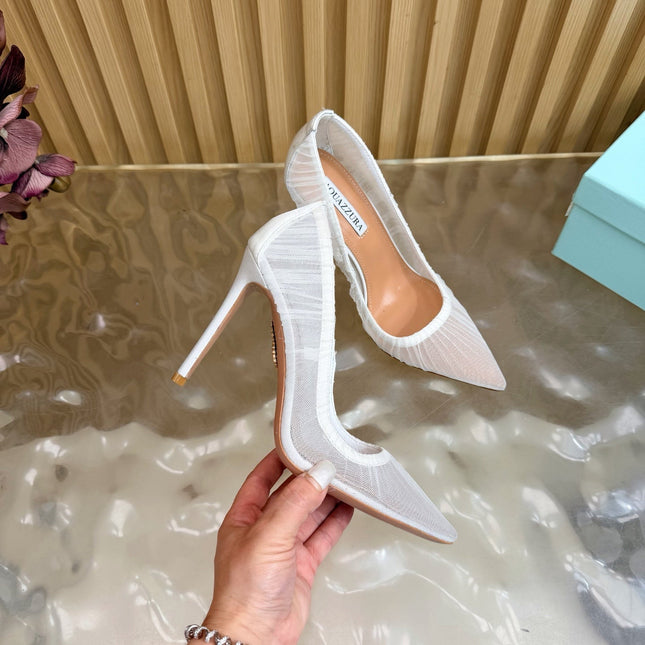 AQUAZZURA 26S HIGH HEELS 105 MM IN WHITE LACE MESH AND SATIN