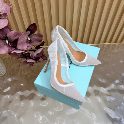 AQUAZZURA 26S HIGH HEELS 105 MM IN WHITE LACE MESH AND SATIN