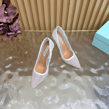 AQUAZZURA 26S HIGH HEELS 105 MM IN WHITE LACE MESH AND SATIN