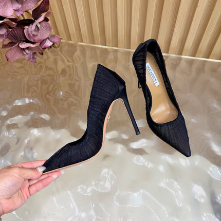 AQUAZZURA 26S OPTIC PUMPS 100 MM IN BLACK PLEATED MESH & SATIN