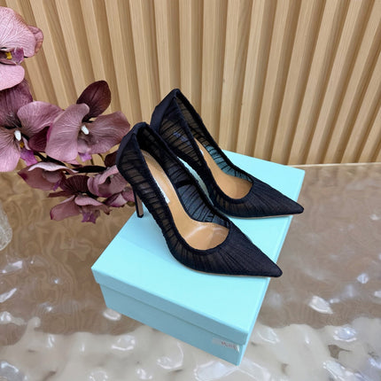 AQUAZZURA 26S OPTIC PUMPS 100 MM IN BLACK PLEATED MESH & SATIN