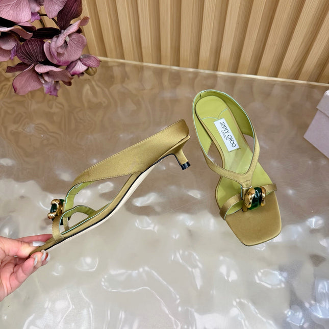 JIMMY CHOO 26S HIGH-HEEL SANDALS 35 MM IN OLIVE GREEN SATIN