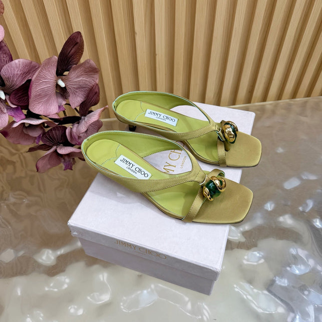 JIMMY CHOO 26S HIGH-HEEL SANDALS 35 MM IN OLIVE GREEN SATIN