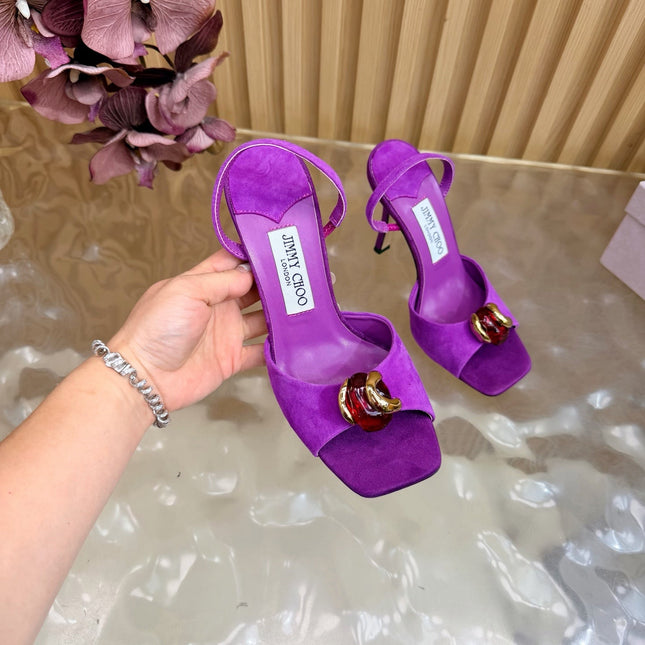 JIMMY CHOO 26S HIGH-HEEL SANDALS 100 MM IN PURPLE SUEDE STONE EMBELLISHMENT
