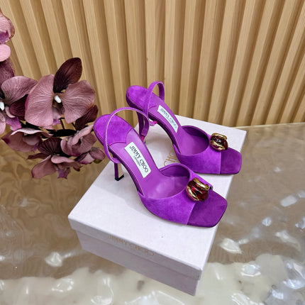 JIMMY CHOO 26S HIGH-HEEL SANDALS 100 MM IN PURPLE SUEDE STONE EMBELLISHMENT