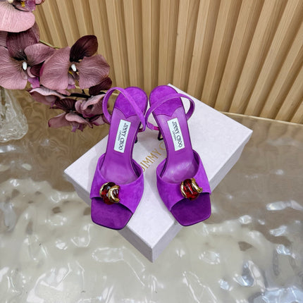 JIMMY CHOO 26S HIGH-HEEL SANDALS 100 MM IN PURPLE SUEDE STONE EMBELLISHMENT
