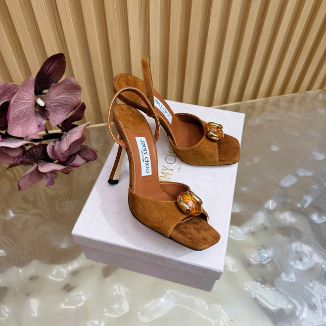 JIMMY CHOO 26S HIGH-HEEL SANDALS 100 MM IN BROWN SUEDE STONE EMBELLISHMENT