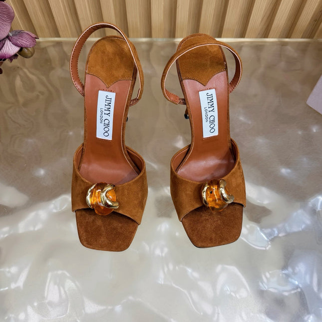 JIMMY CHOO 26S HIGH-HEEL SANDALS 100 MM IN BROWN SUEDE STONE EMBELLISHMENT