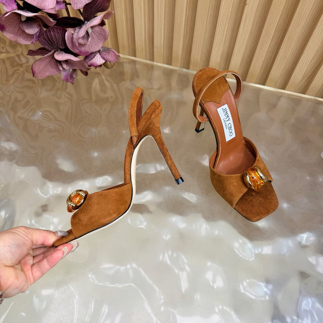 JIMMY CHOO 26S HIGH-HEEL SANDALS 100 MM IN BROWN SUEDE STONE EMBELLISHMENT