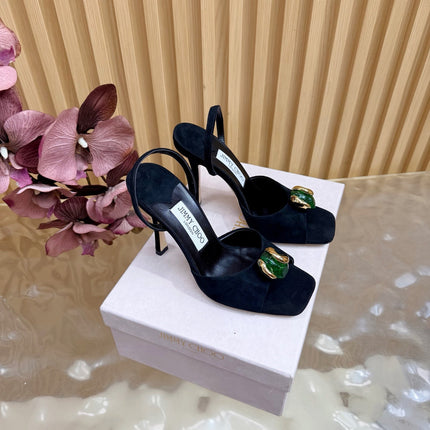 JIMMY CHOO 26S HIGH-HEEL SANDALS 100 MM IN BLACK SUEDE STONE EMBELLISHMENT