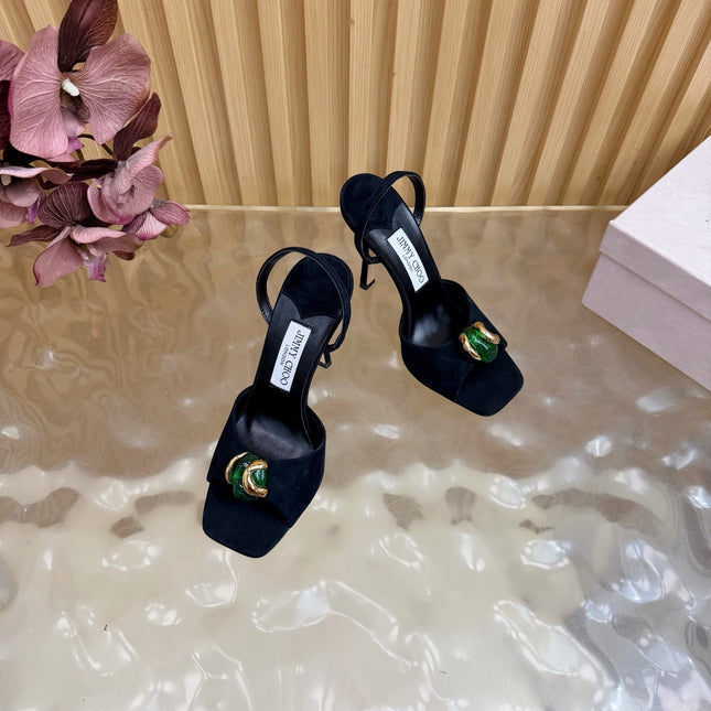 JIMMY CHOO 26S HIGH-HEEL SANDALS 100 MM IN BLACK SUEDE STONE EMBELLISHMENT