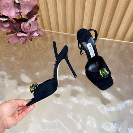 JIMMY CHOO 26S HIGH-HEEL SANDALS 100 MM IN BLACK SUEDE STONE EMBELLISHMENT