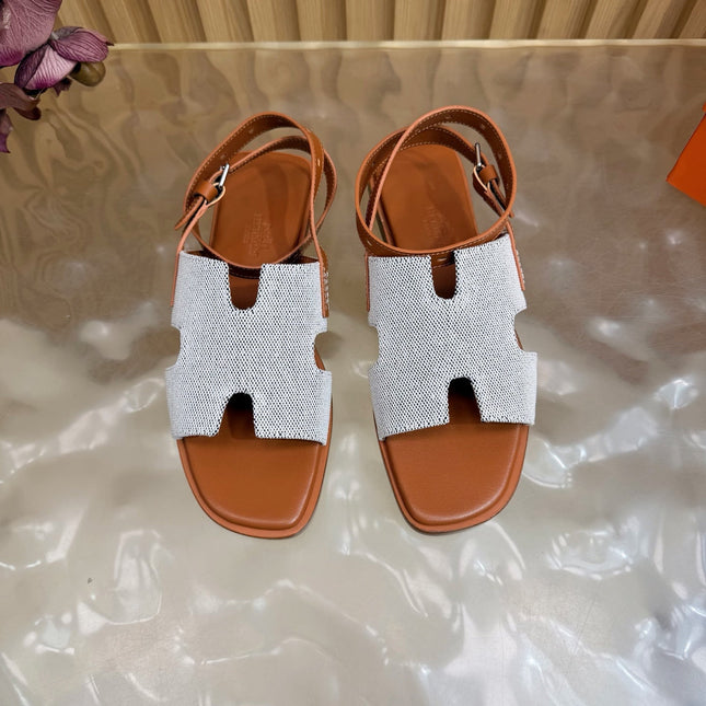 HM 26S SANTORINI SANDALS IN BROWN CALFSKIN AND BEIGE CANVAS