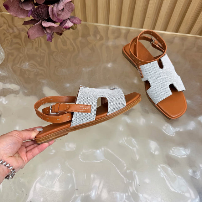 HM 26S SANTORINI SANDALS IN BROWN CALFSKIN AND BEIGE CANVAS