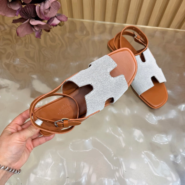 HM 26S SANTORINI SANDALS IN BROWN CALFSKIN AND BEIGE CANVAS