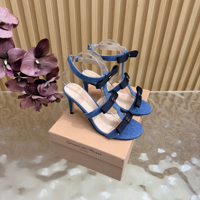 GIANVITO ROSSI 26S BOW STRAP HIGH-HEEL SANDALS 85 MM IN BLUE DENIM