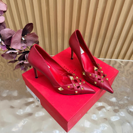 VALENTINO 26S STUDDED POINTED TOE PUMPS 90 MM IN RED CALFSKIN