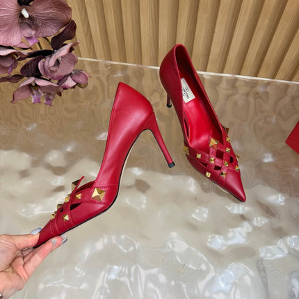 VALENTINO 26S STUDDED POINTED TOE PUMPS 90 MM IN RED CALFSKIN
