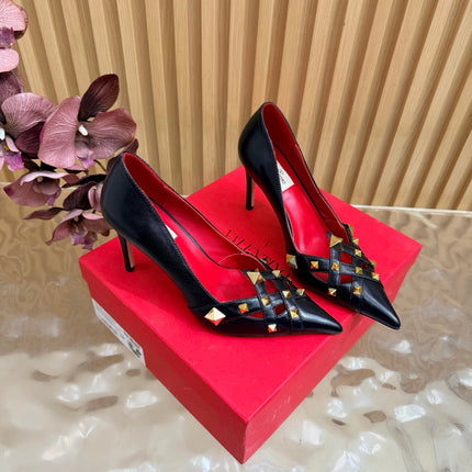 VALENTINO 26S STUDDED POINTED TOE PUMPS 90 MM IN BLACK CALFSKIN