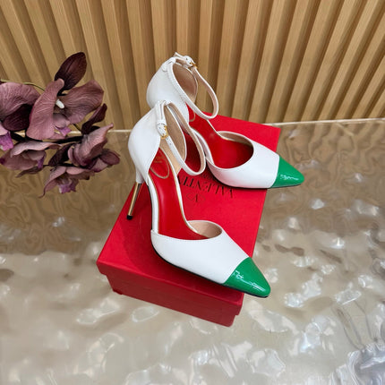 VALENTINO 26S ANKLE-STRA PUMPS 100 MM IN WHITE AND GREEN CALFSKIN