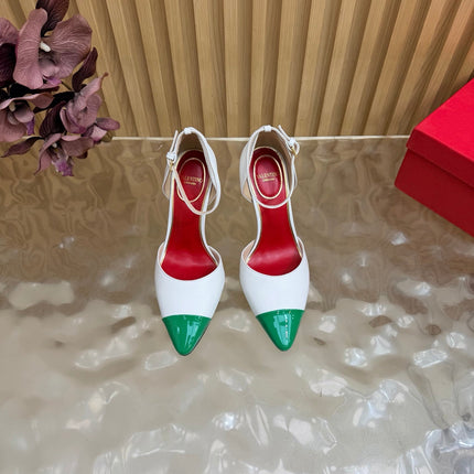 VALENTINO 26S ANKLE-STRA PUMPS 100 MM IN WHITE AND GREEN CALFSKIN
