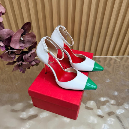 VALENTINO 26S ANKLE-STRA PUMPS 100 MM IN WHITE AND GREEN CALFSKIN