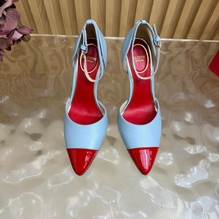 VALENTINO 26S ANKLE-STRA PUMPS 100 MM IN LIGHT BLUE AND RED CALFSKIN
