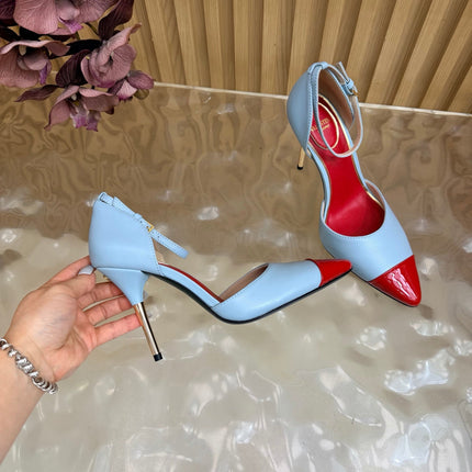 VALENTINO 26S ANKLE-STRA PUMPS 100 MM IN LIGHT BLUE AND RED CALFSKIN