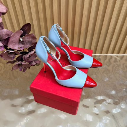 VALENTINO 26S ANKLE-STRA PUMPS 100 MM IN LIGHT BLUE AND RED CALFSKIN