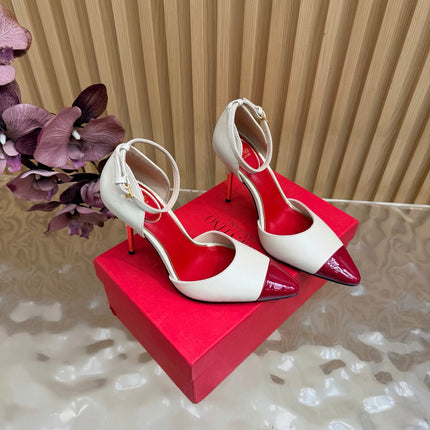 VALENTINO 26S ANKLE-STRA PUMPS 100 MM IN OFF-WHITE AND RED CALFSKIN