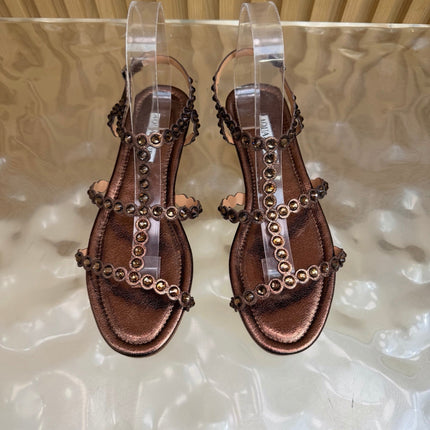AQUAZZURA 26S FLAT SANDALS IN DARK BRONZE CALFSKIN CRYSTAL EMBELLISHED