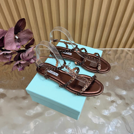 AQUAZZURA 26S FLAT SANDALS IN DARK BRONZE CALFSKIN CRYSTAL EMBELLISHED