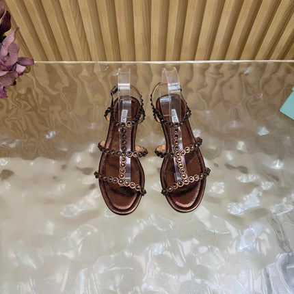 AQUAZZURA 26S FLAT SANDALS IN DARK BRONZE CALFSKIN CRYSTAL EMBELLISHED