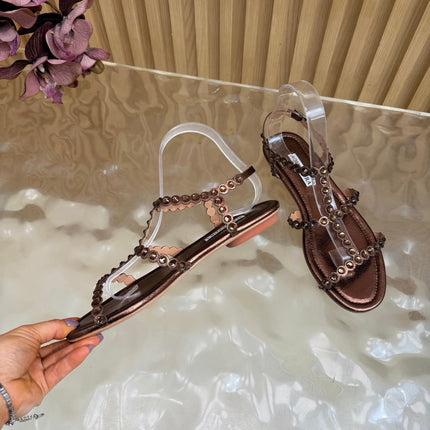 AQUAZZURA 26S FLAT SANDALS IN DARK BRONZE CALFSKIN CRYSTAL EMBELLISHED