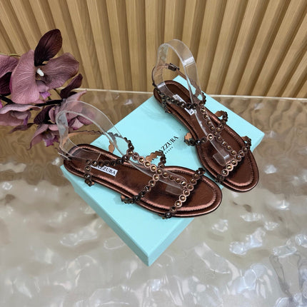 AQUAZZURA 26S FLAT SANDALS IN DARK BRONZE CALFSKIN CRYSTAL EMBELLISHED