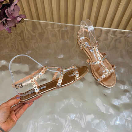AQUAZZURA 26S FLAT SANDALS IN ROSE GOLD CALFSKIN CRYSTAL EMBELLISHED