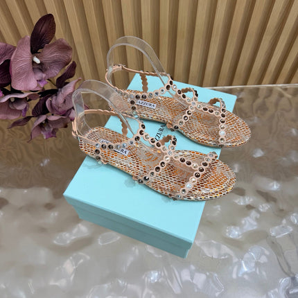 AQUAZZURA 26S FLAT SANDALS IN BEIGE SNAKESKIN CRYSTAL EMBELLISHED