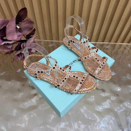 AQUAZZURA 26S FLAT SANDALS IN BEIGE SNAKESKIN CRYSTAL EMBELLISHED
