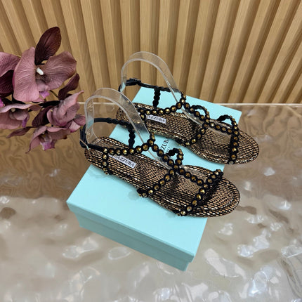AQUAZZURA 26S FLAT SANDALS IN BRONZE METALLIC SNAKESKIN CRYSTAL EMBELLISHED STYLE 2