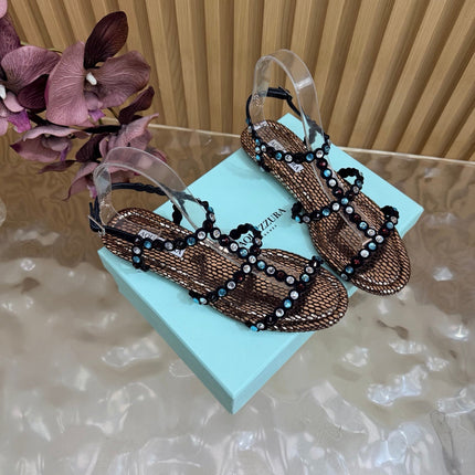 AQUAZZURA 26S FLAT SANDALS IN BRONZE METALLIC SNAKESKIN CRYSTAL EMBELLISHED