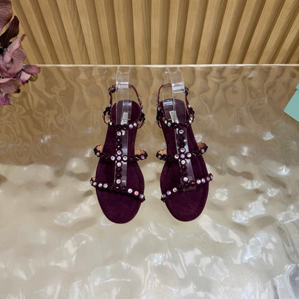AQUAZZURA 26S FLAT SANDALS IN BURGUNDY SUEDE CRYSTAL EMBELLISHED