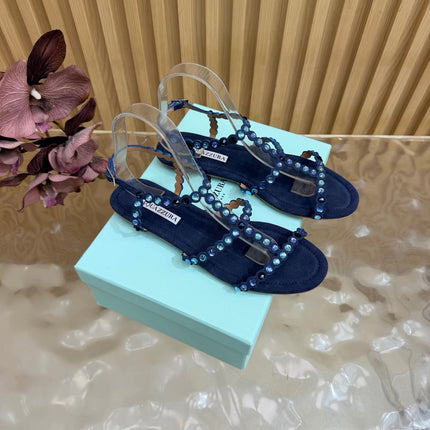 AQUAZZURA 26S FLAT SANDALS IN NAVY BLUE SUEDE CRYSTAL EMBELLISHED