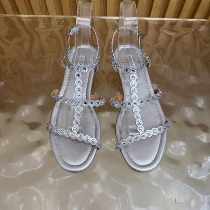 AQUAZZURA 26S FLAT SANDALS IN SILVER CALFKSIN CRYSTAL EMBELLISHED