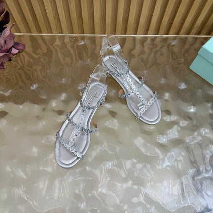 AQUAZZURA 26S FLAT SANDALS IN SILVER CALFKSIN CRYSTAL EMBELLISHED
