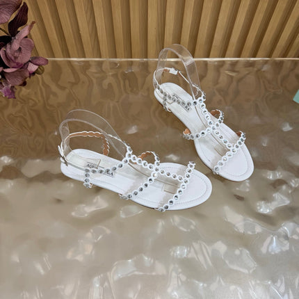 AQUAZZURA 26S FLAT SANDALS IN WHITE CALFKSIN CRYSTAL EMBELLISHED