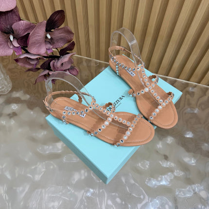 AQUAZZURA 26S FLAT SANDALS IN NUDE CALFKSIN CRYSTAL EMBELLISHED