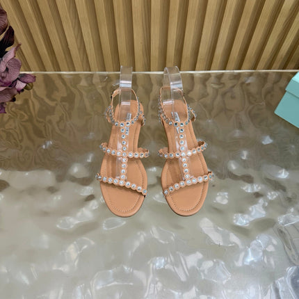 AQUAZZURA 26S FLAT SANDALS IN NUDE CALFKSIN CRYSTAL EMBELLISHED
