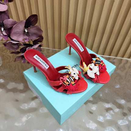 AQUAZZURA 26S SANDALS 80 MM IN RED CANVAS WITH CROCHET APPLIQUES