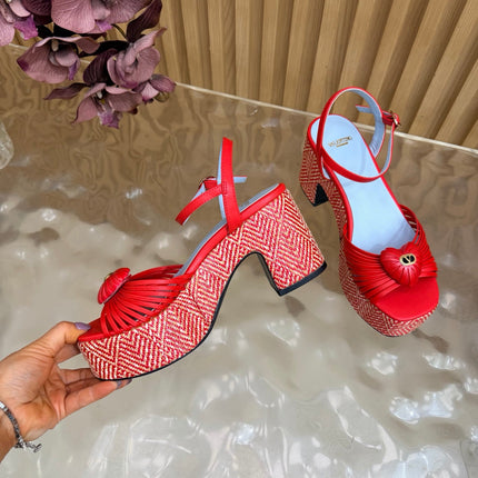 VALENTINO 26S PLATFORM SANDALS 90 MM IN RED CALFSKIN WOVEN FABRIC