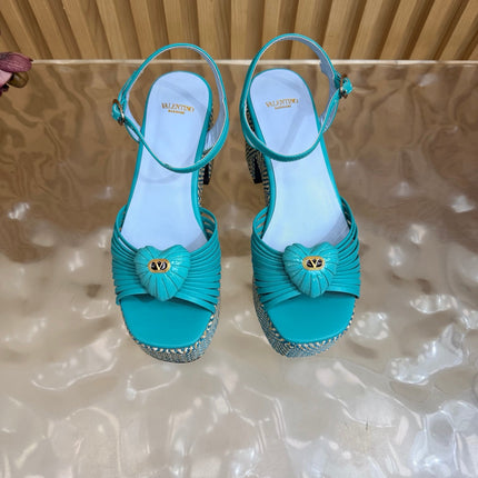 VALENTINO 26S PLATFORM SANDALS 90 MM IN LIGHT BLUE CALFSKIN BEIGE WOVEN FABRIC